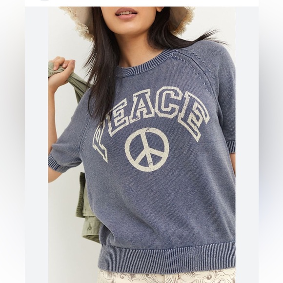 Pilcro Anthropologie Peace Graphic Blue Sweater Sold Out - S - Picture 1 of 6